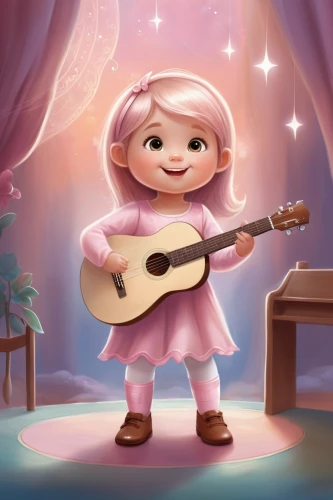 cute cartoon character,playing the guitar,cute cartoon image,ukulele,guitar,musician,agnes,guitar player,concert guitar,classical guitar,children's background,little girl in pink dress,serenade,cinnamon girl,luka,singing,rockabella,art bard,monchhichi,rosa ' the fairy,Illustration,Realistic Fantasy,Realistic Fantasy 01