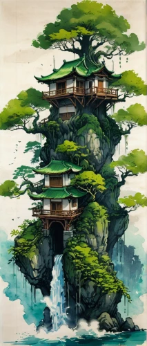 the japanese tree,tree house,asian architecture,japanese architecture,bonsai,japanese art,silk tree,oriental painting,bonsai tree,chinese architecture,treehouse,tree house hotel,chinese art,japanese background,japan landscape,cool woodblock images,oriental,hanging temple,chinese style,tree tops,Illustration,Japanese style,Japanese Style 10