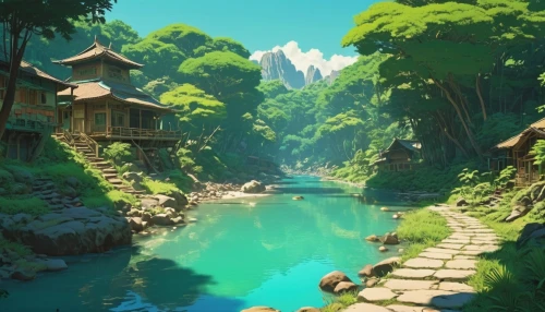japan landscape,landscape background,studio ghibli,idyllic,fantasy landscape,japanese alps,tsukemono,river landscape,oasis,japanese background,japanese mountains,background with stones,kyoto,underwater oasis,valley,green valley,lagoon,ryokan,mountain scene,beautiful japan,Photography,General,Realistic
