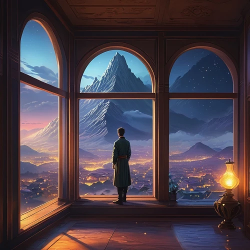 grindelwald,window to the world,house silhouette,overlook,jrr tolkien,the window,mountain sunrise,the horizon,the spirit of the mountains,cg artwork,mountain world,alpine sunset,viewing dune,mountains,background screen,mountain view,backgrounds,would a background,background image,meteora,Art,Classical Oil Painting,Classical Oil Painting 42