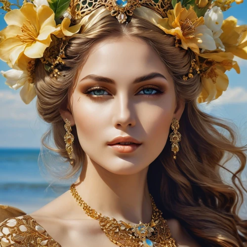 summer crown,golden wreath,gold filigree,golden crown,gold crown,gold foil crown,golden flowers,spring crown,golden lilac,laurel wreath,gold flower,headdress,aphrodite,fantasy portrait,princess crown,gold foil mermaid,fairy queen,gold jewelry,crowned,diadem,Photography,General,Realistic