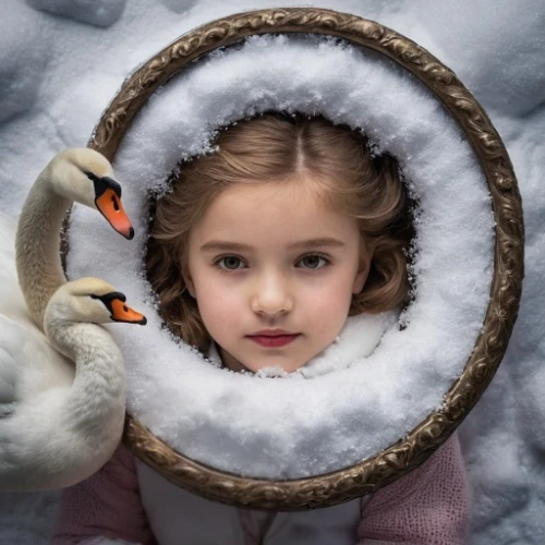 young swan,swan cub,baby swan,baby swans,winter animals,photographing children,cygnet,children's christmas photo shoot,the snow queen,child portrait,white swan,swan baby,white fur hat,snow scene,snow goose,young swans,canadian swans,swan lake,girl in a wreath,children's fairy tale