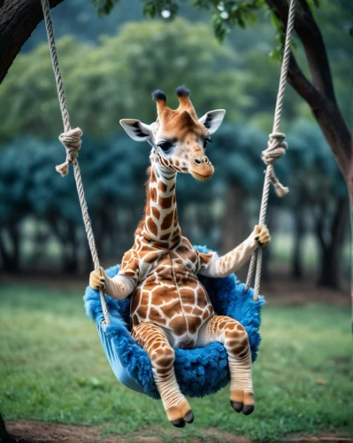 giraffe plush toy,giraffidae,giraffe,two giraffes,giraffes,whimsical animals,animals play dress-up,circus animal,funny animals,wildpark poing,cute animal,cute animals,animal photography,baby animal,hanging swing,baby playing with toys,just hang out,swinging,giraffe head,baby toys,Photography,General,Cinematic