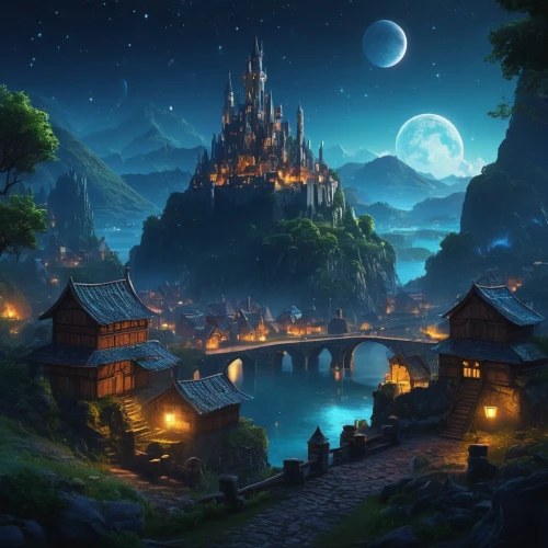 fantasy landscape,fantasy picture,mountain settlement,fantasy city,fairy tale castle,fantasy world,moonlit night,night scene,fantasy art,3d fantasy,medieval town,landscape background,aurora village,mountain village,cartoon video game background,knight village,fairy tale,dream world,meteora,a fairy tale,Photography,General,Fantasy