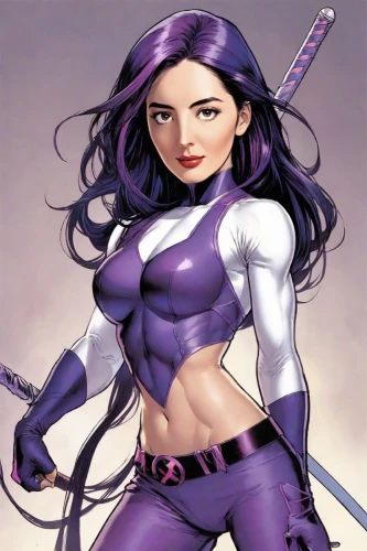 huntress,purple,the purple-and-white,la violetta,viola,widowmaker,wall,purple background,katana,purple skin,veronica,catarina,sprint woman,white with purple,fantasy woman,female warrior,swordswoman,head woman,xmen,x men,Digital Art,Comic