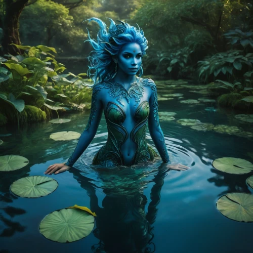 water nymph,blue enchantress,water lotus,merfolk,avatar,water creature,mystique,earth chakra,mother earth,rusalka,mother earth statue,water-the sword lily,aquatic herb,anahata,bodypaint,mother nature,indigo,bodypainting,majorelle blue,water rose,Photography,General,Fantasy