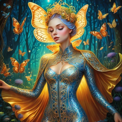 faerie,fantasy art,faery,fairy queen,fantasy portrait,fairy peacock,blue enchantress,fantasy woman,fantasy picture,the enchantress,queen of the night,fantasia,vanessa (butterfly),golden lilac,gatekeeper (butterfly),flower fairy,baroque angel,golden passion flower butterfly,monarch,gold filigree,Illustration,Realistic Fantasy,Realistic Fantasy 39