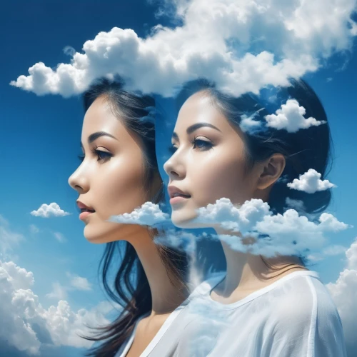 self hypnosis,image manipulation,photo manipulation,cloud shape frame,photoshop manipulation,mirror image,parallel worlds,woman thinking,cloud image,mirror reflection,mystical portrait of a girl,photomanipulation,blue sky and clouds,about clouds,self-deception,self-reflection,blue sky clouds,photoshop creativity,artificial hair integrations,blue sky and white clouds,Photography,Artistic Photography,Artistic Photography 07