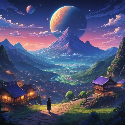 fantasy landscape,landscape background,fantasy picture,meteora,mountain world,mountain landscape,world digital painting,mountain scene,mountainous landscape,dream world,futuristic landscape,lunar landscape,high landscape,mountain settlement,home landscape,fantasy world,valley of the moon,3d fantasy,mountain village,fantasy art,Illustration,Realistic Fantasy,Realistic Fantasy 08