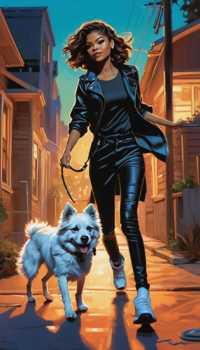 girl with dog,walking dogs,sci fiction illustration,dog walking,boykin spaniel,dog walker,rosa ' amber cover,shih tzu,companion dog,album cover,female dog,cd cover,dog street,pet black,woman walking,leashed,cavapoo,pedestrian,dog leash,field spaniel,Conceptual Art,Oil color,Oil Color 04