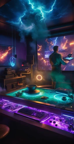 mixing table,music workstation,nightclub,digital compositing,3d background,game room,aqua studio,3d render,playing room,mix table,disc jockey,electronic music,visual effect lighting,music background,ufo interior,sound table,studio monitor,3d fantasy,music studio,computer room,Photography,General,Cinematic