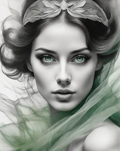 faery,dryad,emerald,green eyes,faerie,green and white,green skin,the enchantress,fantasy portrait,mystical portrait of a girl,fashion illustration,world digital painting,green smoke,fantasy art,digital painting,green aurora,green wreath,absinthe,fairy queen,green,Photography,Artistic Photography,Artistic Photography 06