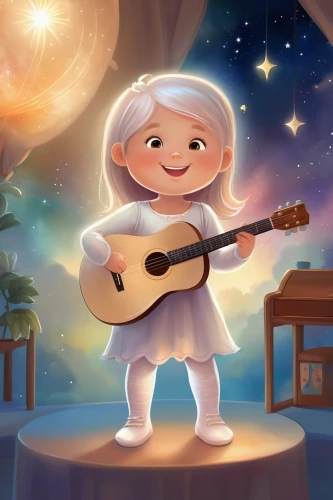 classical guitar,miguel of coco,serenade,ukulele,kids illustration,playing the guitar,artists of stars,cute cartoon image,children's background,violinist violinist of the moon,musical background,baby stars,cg artwork,star mother,cute cartoon character,guitar,musician,sing,singing,starlight,Illustration,Realistic Fantasy,Realistic Fantasy 01