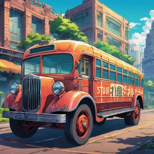 school bus,schoolbus,red bus,trolley bus,retro vehicle,city bus,street car,school buses,delivery truck,mail truck,bus,double-decker bus,omnibus,streetcar,fire truck,special vehicle,shuttle bus,bus driver,checker aerobus,english buses,Illustration,Japanese style,Japanese Style 03