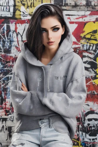 hoodie,sweatshirt,concrete background,portrait background,tracksuit,photo session in torn clothes,model-a,grunge,jeans background,edit,edit icon,photoshop manipulation,female model,puma,grey background,art model,denim background,image manipulation,teen,fashion vector,Photography,Realistic