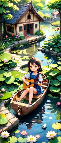 girl on the boat,lily pad,fishing float,picnic boat,floating market,lily pond,girl and boy outdoor,canoeing,oil painting on canvas,perched on a log,lily water,little boat,girl on the river,lilly pond,boat landscape,oil painting,wooden boat,lotus on pond,row boat,world digital painting,Anime,Anime,Traditional