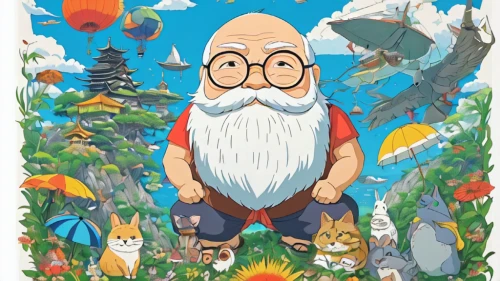 studio ghibli,gnomes,gnome,cartoon forest,garden gnome,travel poster,scandia gnome,mountain guide,scandia gnomes,gnome skiing,santa claus at beach,hiker,gnomes at table,white beard,gnome ice skating,a3 poster,free wilderness,my neighbor totoro,father frost,beach towel,Illustration,Japanese style,Japanese Style 16
