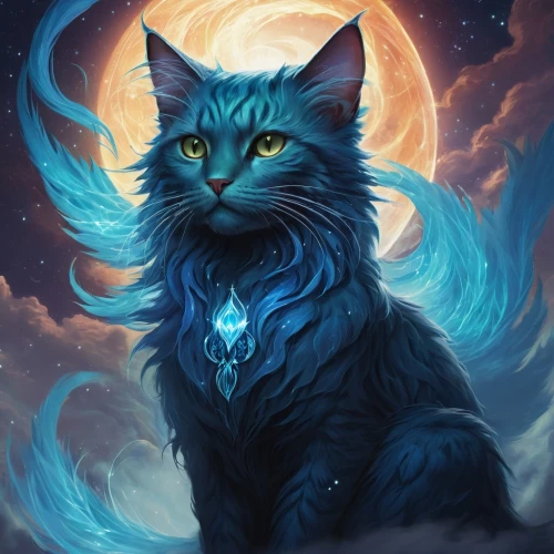 luna,cat with blue eyes,maincoon,cat vector,cat on a blue background,blue eyes cat,nebelung,norwegian forest cat,capricorn kitz,fantasy portrait,constellation wolf,zodiac sign leo,cat,feline,domestic long-haired cat,blue enchantress,nebula guardian,feral,merlin,cat portrait,Conceptual Art,Fantasy,Fantasy 17