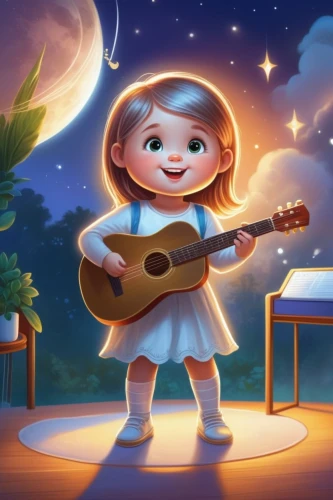 cute cartoon image,the girl in nightie,playing the guitar,serenade,violinist violinist of the moon,children's background,kids illustration,guitar,music background,lights serenade,cute cartoon character,classical guitar,musical background,agnes,melody,falling star,moon and star background,musician,night stars,guitar player,Illustration,Realistic Fantasy,Realistic Fantasy 01