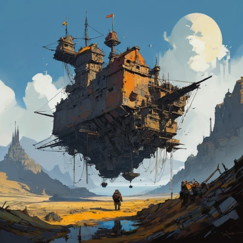 airships,ancient city,floating island,fantasy landscape,airship,mountain settlement,ruined castle,ship wreck,futuristic landscape,floating islands,citadel,lunar landscape,ancient house,sci fiction illustration,knight's castle,ruin,ruins,wasteland,fantasy city,ancient buildings,Conceptual Art,Sci-Fi,Sci-Fi 01