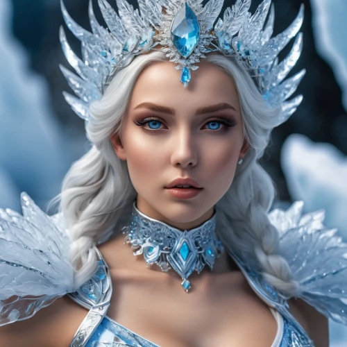 ice queen,the snow queen,ice princess,white rose snow queen,elsa,winterblueher,suit of the snow maiden,eternal snow,blue snowflake,fantasy portrait,fantasy woman,blue enchantress,white walker,fantasy art,fairy queen,ice crystal,3d fantasy,elven,ice,violet head elf,Photography,General,Realistic