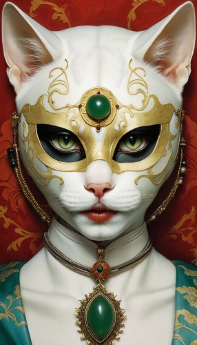 venetian mask,lucky cat,masquerade,taiwanese opera,golden mask,kitsune,feline,peking opera,sphynx,chinese pastoral cat,gold mask,japanese art,feline look,auspicious,oriental princess,siamese cat,chinese art,oriental painting,emperor,cat warrior,Illustration,Realistic Fantasy,Realistic Fantasy 10