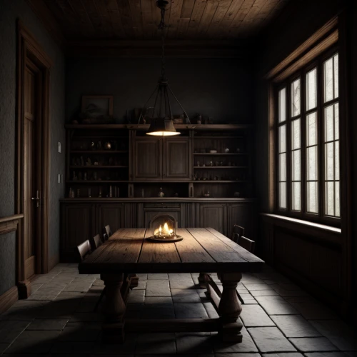 dark cabinetry,victorian kitchen,kitchen table,kitchen,vintage kitchen,the kitchen,assay office in bannack,dining table,wooden table,kitchen interior,dark cabinets,wooden windows,wooden floor,dining room,scene lighting,a dark room,antique table,pantry,dining room table,visual effect lighting