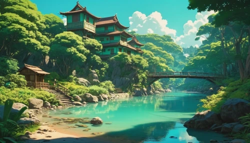 fantasy landscape,japan landscape,asian architecture,dragon bridge,chinese temple,landscape background,ancient city,chinese architecture,river landscape,hanging temple,tsukemono,chinese background,studio ghibli,oriental,cartoon video game background,bird kingdom,world digital painting,water palace,japanese background,kyoto,Photography,General,Realistic