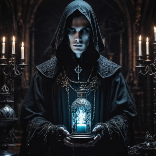 archimandrite,gothic portrait,priest,the abbot of olib,divination,candlemaker,amulet,hieromonk,benedictine,benediction of god the father,tarot,tarot cards,magic grimoire,occult,clockmaker,pentacle,dark gothic mood,carmelite order,prayer book,orthodoxy,Illustration,Realistic Fantasy,Realistic Fantasy 46