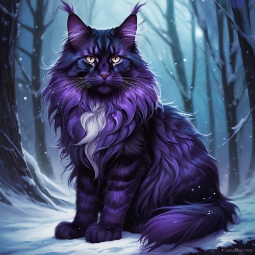 norwegian forest cat,cheshire,siberian cat,domestic long-haired cat,maincoon,cat with blue eyes,blue eyes cat,black cat,nebelung,hollyleaf cherry,british longhair cat,purple,merlin,breed cat,feral cat,winterblueher,capricorn kitz,halloween black cat,winter animals,rich purple,Conceptual Art,Fantasy,Fantasy 17