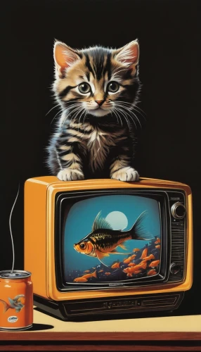 television,retro television,analog television,television accessory,tv,television program,watch tv,cat watching television,tv channel,cable television,hdtv,television set,plasma tv,fish-surgeon,handheld television,goldfish,tv set,oil painting on canvas,vintage cats,vintage art,Conceptual Art,Sci-Fi,Sci-Fi 21