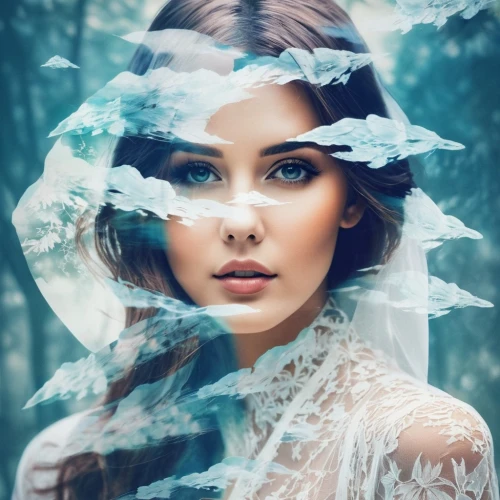 the snow queen,ice queen,mystical portrait of a girl,faery,faerie,white rose snow queen,bridal veil,fairy queen,fantasy portrait,ice princess,girl in a wreath,romantic portrait,boho background,hoarfrost,enchanting,fairy peacock,romantic look,enchanted,photomanipulation,enchanted forest,Photography,Artistic Photography,Artistic Photography 07