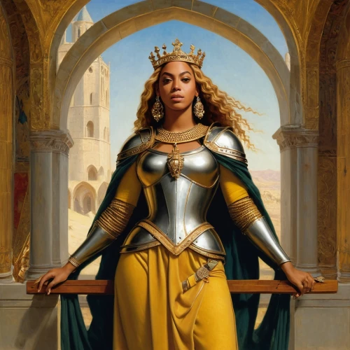 queen,queen bee,official portrait,goddess of justice,golden crown,queen s,a woman,queen crown,royalty,joan of arc,queen cage,the ruler,regal,libra,power icon,woman power,to our lady,icon,cleopatra,mary-gold,Art,Classical Oil Painting,Classical Oil Painting 42
