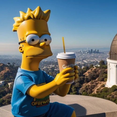 griffith observatory,homer simpsons,homer,bart,sightseeing,observatory,duff,usa landmarks,drinking coffee,los angeles,frappé coffee,hollywood,bart owl,caffè americano,flanders,beverly hills,sip,coffee can,iced tea,minion tim,Photography,General,Natural
