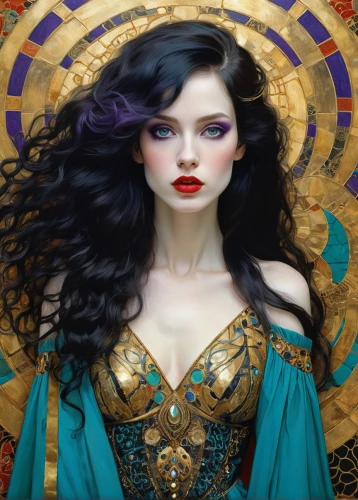 priestess,gothic portrait,sorceress,fantasy art,fantasy portrait,cleopatra,zodiac sign libra,the enchantress,fantasy woman,gothic woman,orientalism,mystical portrait of a girl,oriental princess,celtic queen,seven sorrows,art deco woman,queen of the night,baroque angel,gold and purple,mary-gold,Illustration,Realistic Fantasy,Realistic Fantasy 16