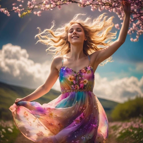 girl in flowers,beautiful girl with flowers,spring background,cheery-blossom,springtime background,little girl in wind,falling flowers,floral dress,floral background,cheerfulness,flower background,flower fairy,spring blossom,gracefulness,colors of spring,ecstatic,spring equinox,photoshop manipulation,girl in a long dress,spring bloom,Photography,General,Cinematic