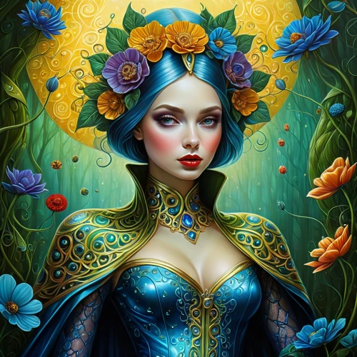 fantasy portrait,blue enchantress,fantasy art,fairy peacock,mystical portrait of a girl,fairy queen,blue petals,faerie,faery,blue rose,flora,elven flower,the enchantress,fantasy woman,girl in flowers,blue flower,jasmine blue,jasmine blossom,flower fairy,boho art,Photography,General,Natural