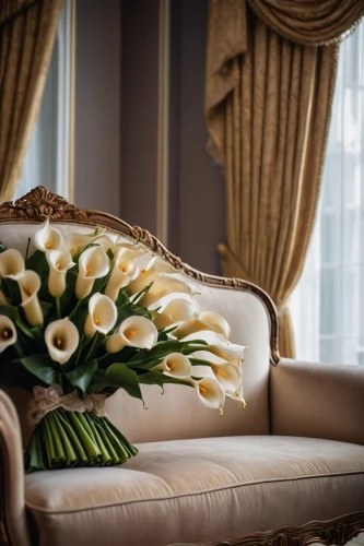 flower arrangement lying,interior decoration,flower arrangement,slipcover,window treatment,wing chair,interior decor,easter lilies,floral arrangement,white tulips,tulip white,lisianthus,decorates,artificial flowers,gold stucco frame,floral chair,decor,settee,floral decorations,chaise lounge,Photography,General,Cinematic