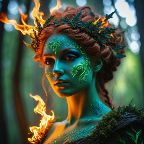 dryad,faery,faerie,fire dancer,fantasy portrait,poison ivy,fire artist,fae,neon body painting,the enchantress,bodypainting,fantasy art,body painting,firedancer,forest fire,mystical portrait of a girl,fire-eater,fairy peacock,fantasy woman,faun,Photography,General,Fantasy