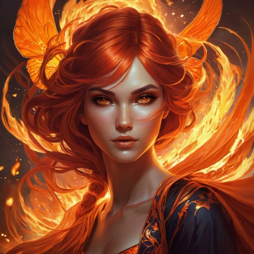 fiery,fire angel,flame spirit,fire siren,flame of fire,fantasy portrait,burning hair,fire lily,fire artist,fire dancer,flame flower,dancing flames,fire flower,merida,fire devil,fire heart,fire background,fire eyes,phoenix,afire,Conceptual Art,Fantasy,Fantasy 17