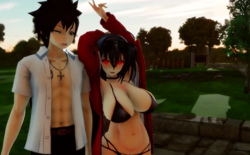 anime 3d,devilwood,fairy tail,dusk background,3d rendered,red skin,virtual world,hot spring,reizei,partnerlook,angel and devil,screenshot,metaverse,with me,3d render,hands holding,ephedra,surival games 2,blood clover,anime japanese clothing