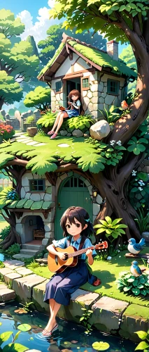 studio ghibli,world digital painting,children's background,cartoon video game background,musical background,playing the violin,fairy village,playing outdoors,violin player,kids illustration,home landscape,cartoon forest,3d fantasy,landscape background,japanese background,music background,game illustration,ukulele,violin,little house,Anime,Anime,Traditional