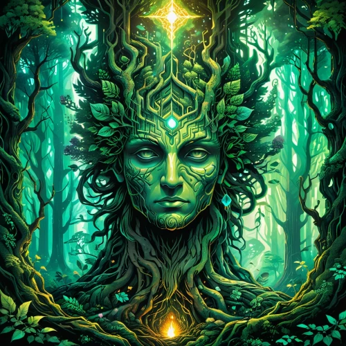 dryad,anahata,the enchantress,celtic tree,tree crown,green tree,priestess,mother earth,shamanic,tree of life,shamanism,medusa,earth chakra,druid,druids,mirror of souls,elven,holy forest,rooted,elven forest,Illustration,Realistic Fantasy,Realistic Fantasy 25
