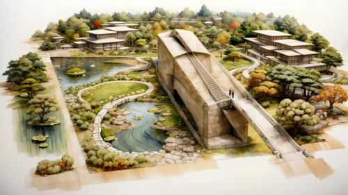 scale model,landscape plan,hydropower plant,diorama,artificial island,school design,sculpture park,ski facility,architect plan,kubny plan,excavation site,water courses,overhead view,rc model,concrete plant,archidaily,3d rendering,wastewater treatment,autostadt wolfsburg,concept art