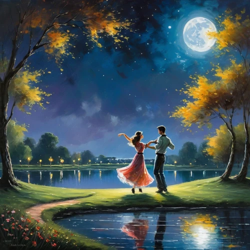 romantic scene,romantic night,dancing couple,landscape background,night scene,serenade,fantasy picture,art painting,romantic,moonlit night,oil painting on canvas,love in air,romantic portrait,ballroom dance,romantic look,fairytale,romantic meeting,honeymoon,moon and star background,fairy tale,Conceptual Art,Oil color,Oil Color 06