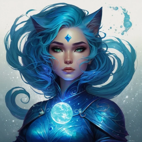 fantasy portrait,blue enchantress,luna,aquarius,avatar,winterblueher,zodiac sign gemini,fantasia,feline,indigo,eris,zodiac sign leo,artemis,nebula guardian,kat,symetra,mezzelune,zodiac sign libra,ice queen,cat vector,Conceptual Art,Fantasy,Fantasy 17