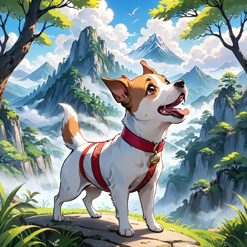 dog hiking,dog illustration,akita inu,corgi,mountain guide,portrait background,landscape background,adventurer,forest background,japanese terrier,welschcorgi,welsh corgi pembroke,akita,corgis,formosan mountain dog,laika,mountain scene,shiba inu,springtime background,nikko,Anime,Anime,Traditional