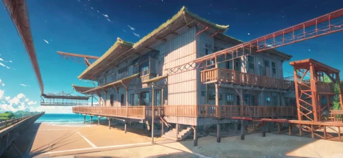 wooden construction,seaside resort,house of the sea,floating huts,stilt house,stilt houses,tsukemono,wooden pier,wooden house,wooden houses,very large floating structure,aqua studio,japanese architecture,houseboat,wood and beach,beach bar,noah's ark,studio ghibli,beach resort,beachhouse,Anime,Anime,Traditional