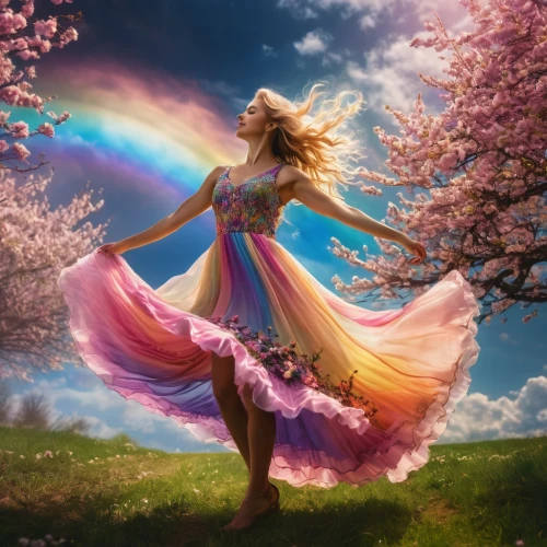 rainbow background,faerie,fantasy picture,fairies aloft,flower fairy,spring equinox,faery,spring background,fairy,springtime background,spring unicorn,the festival of colors,fairy queen,little girl fairy,fairy world,rosa 'the fairy,spring awakening,fairy dust,colors of spring,gracefulness,Photography,General,Fantasy