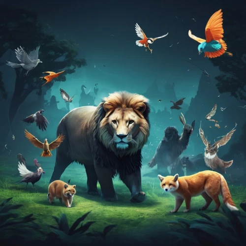 forest animals,animals hunting,woodland animals,king of the jungle,animal migration,game illustration,wild animals,animal icons,animal world,forest king lion,animalia,grizzlies,whimsical animals,deep zoo,lion children,lions,round animals,trophy hunting,fauna,hunting scene,Conceptual Art,Fantasy,Fantasy 02